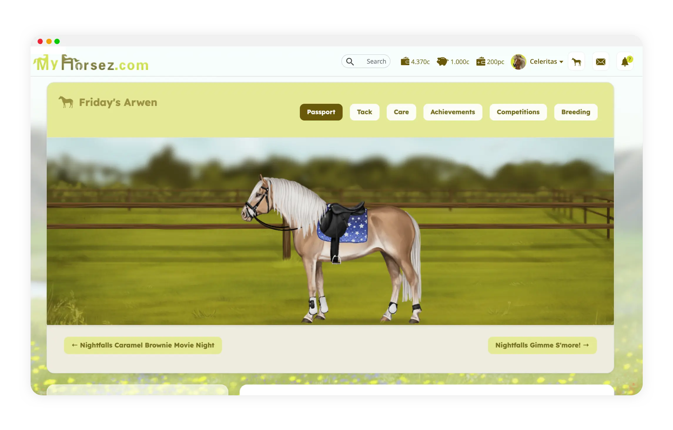 Norwegian Fjord horse with colorful set of tack on online horse game My Horsez